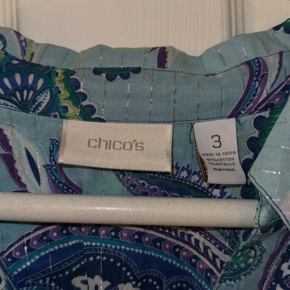 Chicos Size 3 (XL) Blue Green Purple Paisley w/delicate threads of silver - Picture 3 of 5